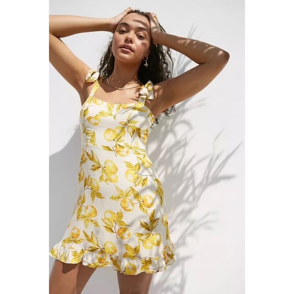 Urban Outfitters Lemon Print Tie Strap Ruffle Mini Dress Yellow Cream Medium